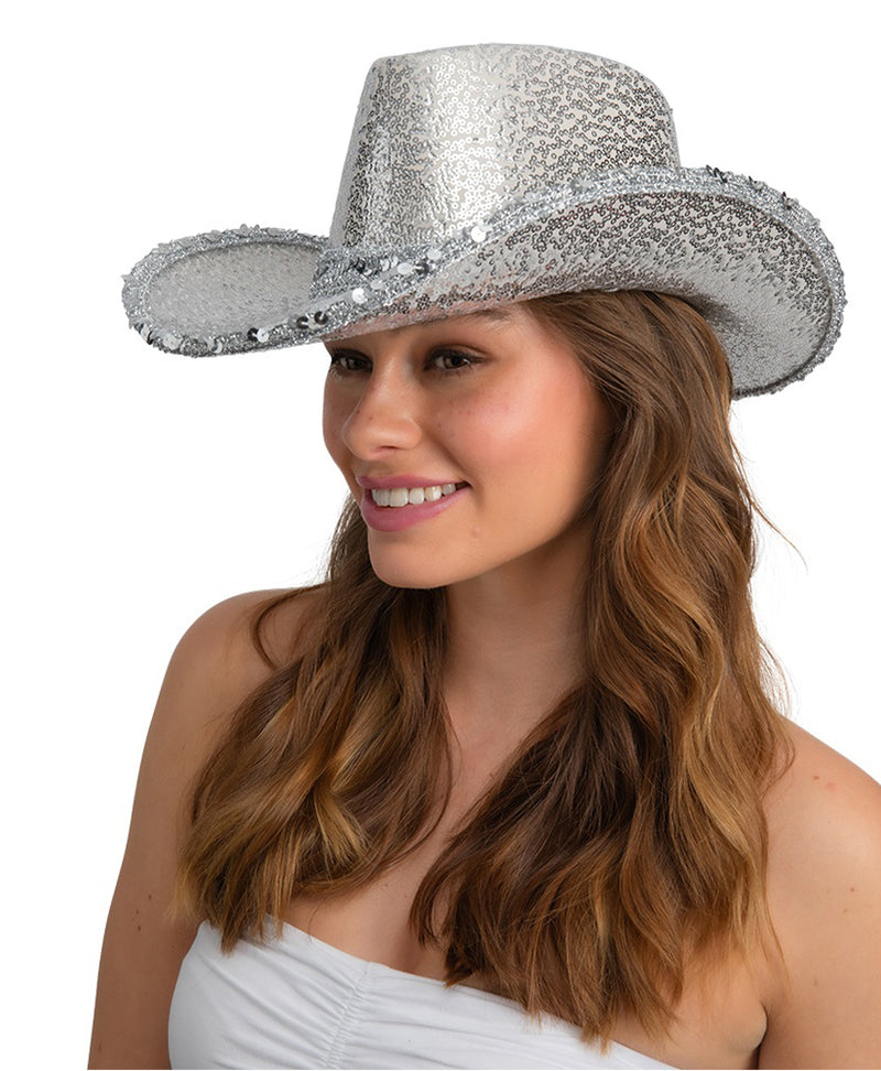 Adult Texan Wild West Country Cowgirl Cowboy Hat - Silver Sequin