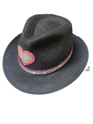 Designed By Sarah - Adult Black Felt Fedora With Sparkly Heart & Silver Trim