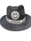 Designed By Sarah - Adult Black Felt Fedora With Monochrome Smiley Face & Silver Trim