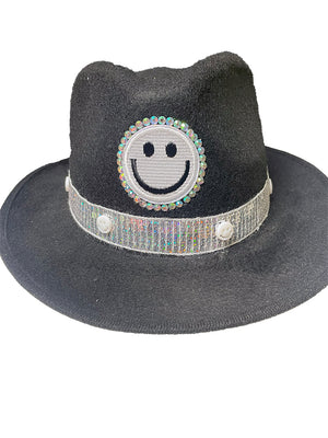 Designed By Sarah - Adult Black Felt Fedora With Monochrome Smiley Face & Silver Trim