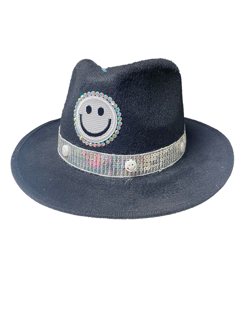 Designed By Sarah - Adult Black Felt Fedora With Monochrome Smiley Face & Silver Trim