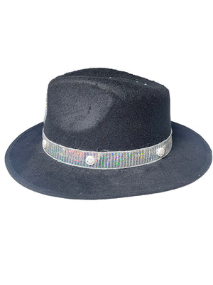 Designed By Sarah - Adult Black Felt Fedora With Monochrome Smiley Face & Silver Trim