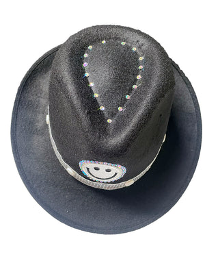 Designed By Sarah - Adult Black Felt Fedora With Monochrome Smiley Face & Silver Trim