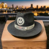 Designed By Sarah - Adult Black Felt Fedora With Monochrome Smiley Face & Silver Trim