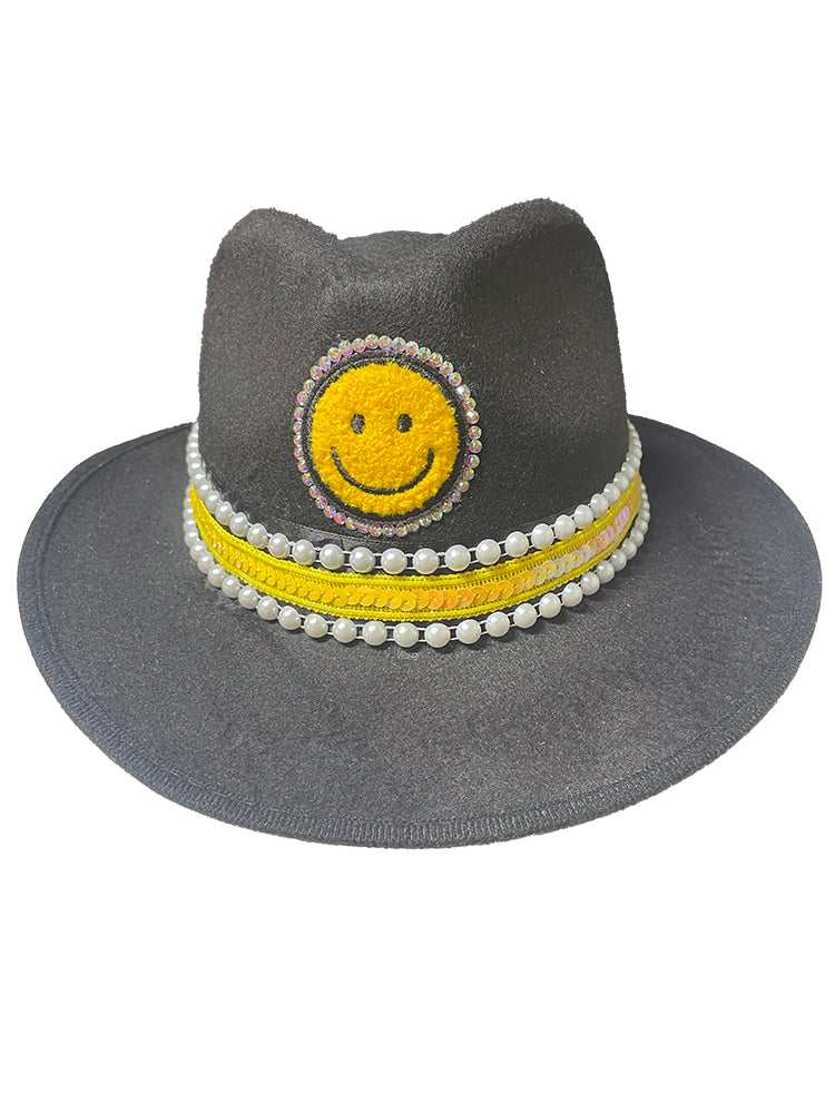 Designed By Sarah - Adult Black Felt Fedora With Yellow Smiley Face & Trim