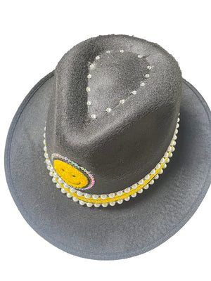 Designed By Sarah - Adult Black Felt Fedora With Yellow Smiley Face & Trim