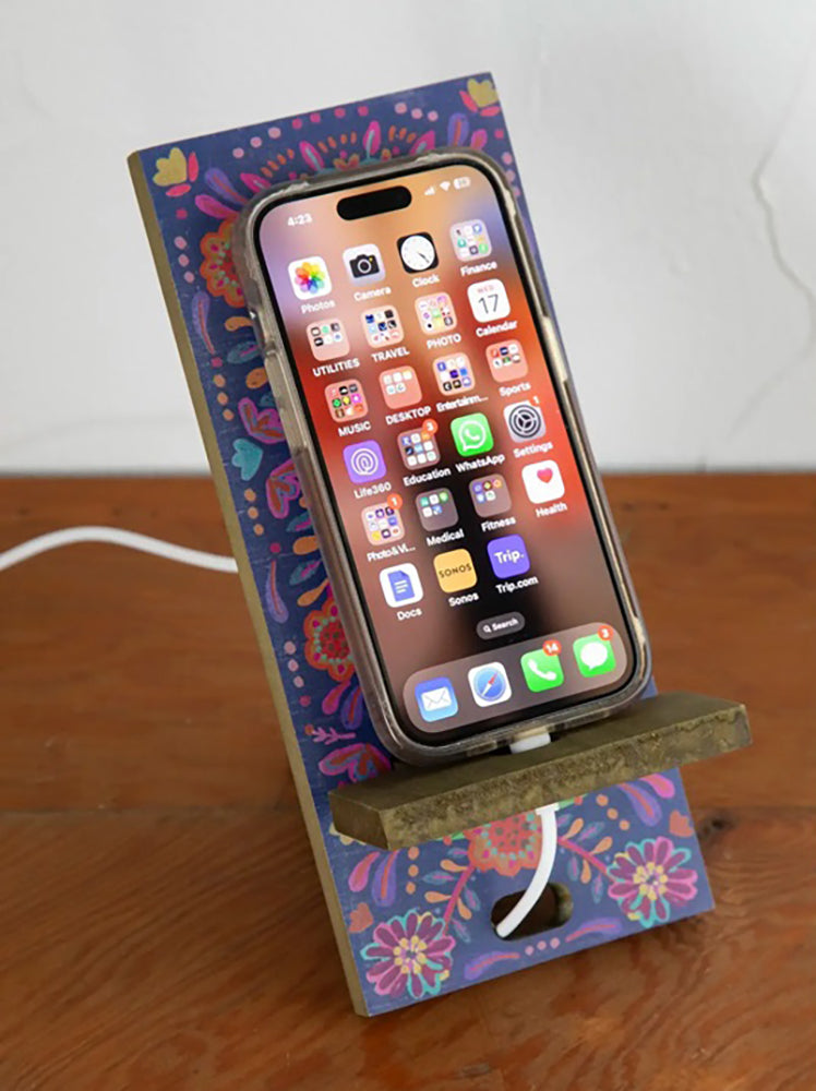 Natural Life Wooden Phone Stand - Navy Folk Flower