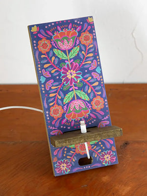 Natural Life Wooden Phone Stand - Navy Folk Flower