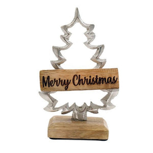 22cm Aluminium Christmas Tree on Wooden Base